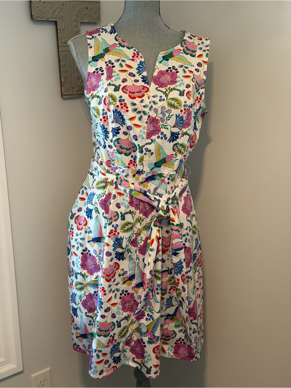 BODEN sleeveless fun floral midi dress with pockets size 10 tie waist